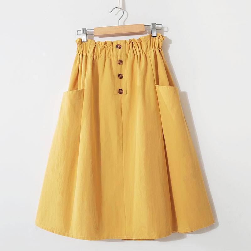 Woman Retro Vintage Solid High Waist A-Line Pockets Midi Skirt