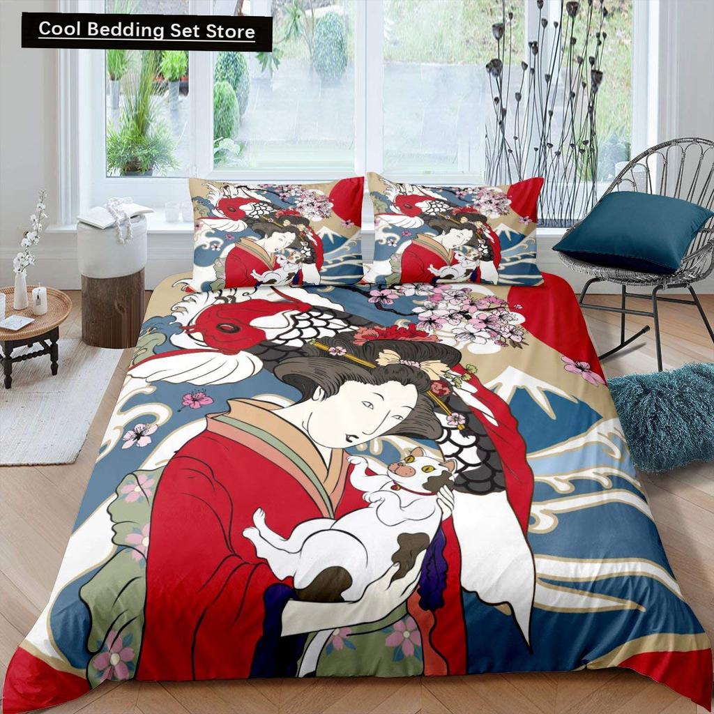 Japanese Style King Queen Duvet Cover Koi Fish Cherry Bedding Set Ukiyo-E Geisha Quilt Cover Sun Crane Polyester Comforter Cover