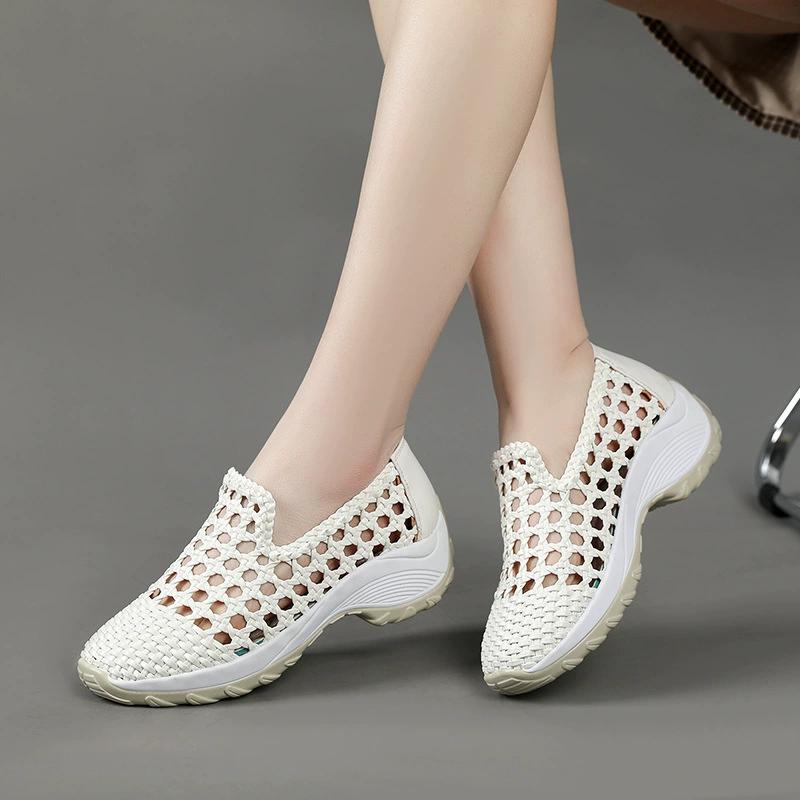 Fashion GKTINOO 2025 Summer Hollow Woven Breathable Shoes Women Sandals Thick Soled Wedges Genuine Leather Shoes Summer Platform Sandals