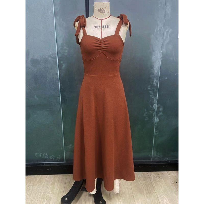 

Western Style Temperament Dress Solid Sling Dress Waist Hugging Slimming Midi dress Sling Sexy Dress Orange color XL