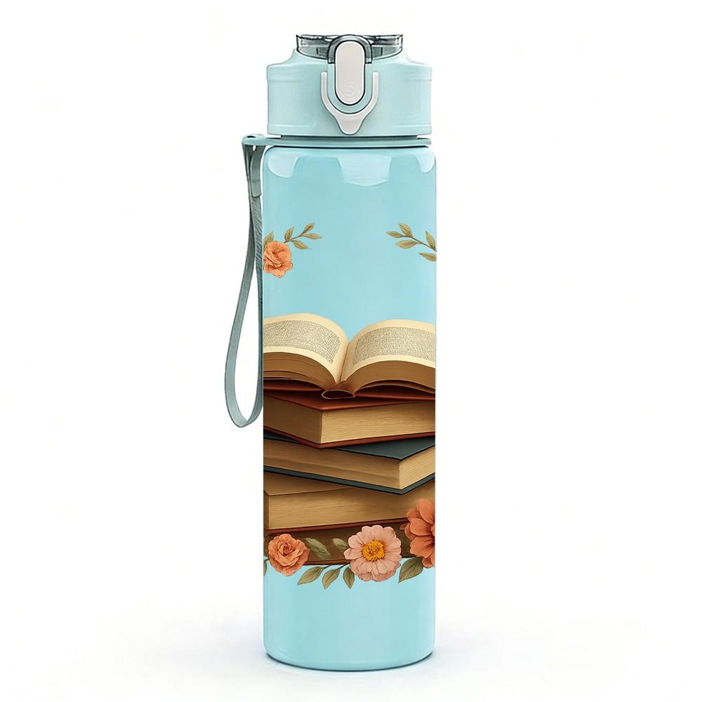 1PC Book Wreath Floral Frame Layout 750ml Color Plastic Sports Water Bottle Leakproof Flip Straw Lid For Sports Office Home Use