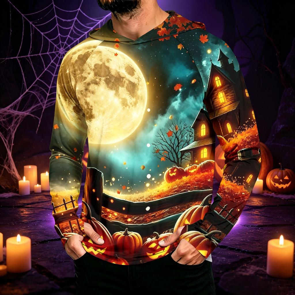 Men's Long Sleeve Hooded Sun Shirt with Halloween Print