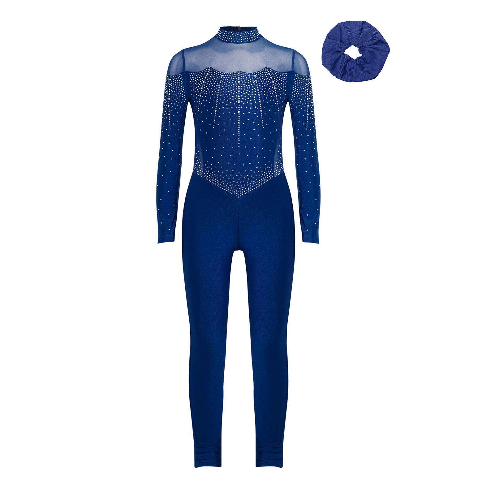 

Girls Figure Skating Jumpsuit Long Sleeve Sheer Mesh Patchwork Shiny Rhinestones Hair Band Set 5-6 Years темно-синього кольору
