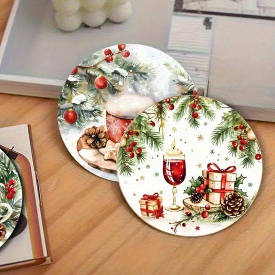 6Pcs/Set Christmas Coaster Snow Scene Pine Branch Print Coasters Waterproof Decorative Christmas Table Accessories