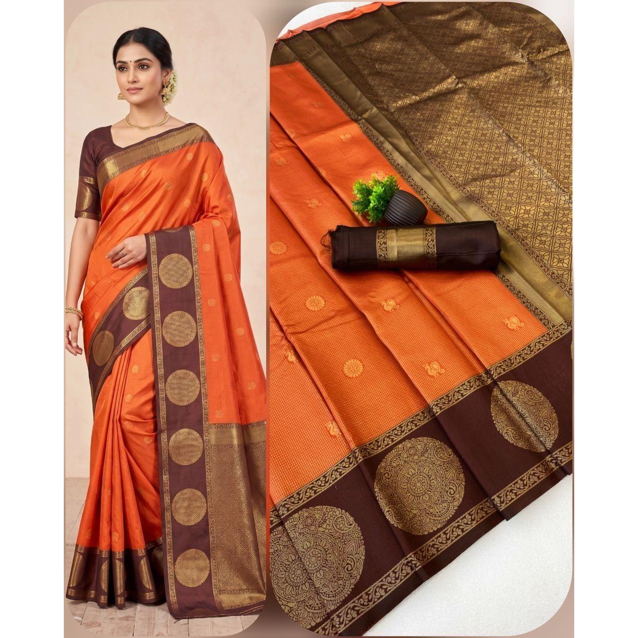 New Luxury Pure Kanchivaram Silk Saree - Orange Royal Checks Zari Edition