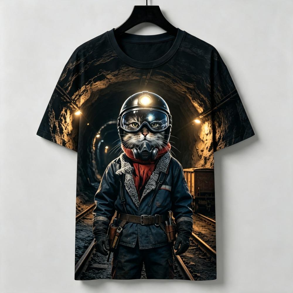 Funny 3D Western Cowboy Cat Print Men's T-shirt Fashion Cool Party Daily T Shirt Outdoor Casual Short Sleeve Top Summer Clothing