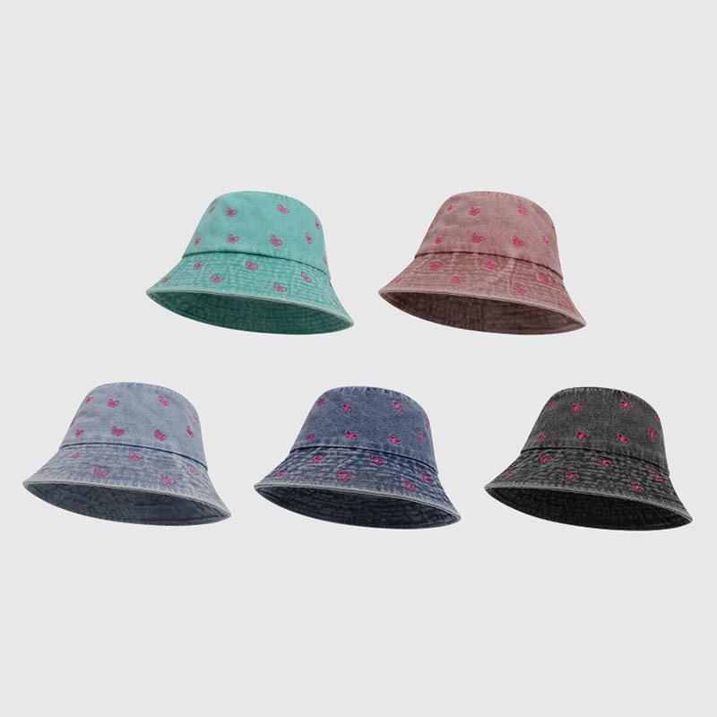 Korean Sweet Butterfly Embroidered Denim Fisherman Hat Women Wide Brim Show Face Small Spring Summer Sun Basin Bucket Hat