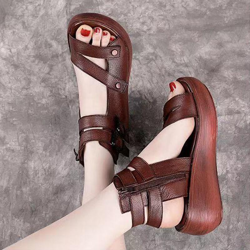 Comemore Women's Sandals Summer Mid Heeled Wedges Shoes for Women Retro Leather Gladiator Sandals Platform Rome Solid Sandalias