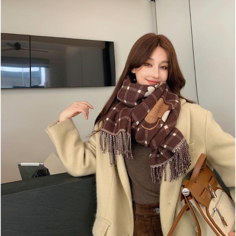 Love plaid double-sided color matching imitation cashmere scarf women's autumn and winter new atmosphere senior fringed shawl
