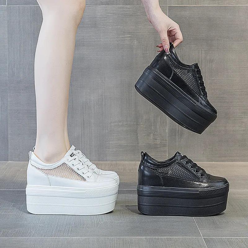 Fashion 12cm Women Summer air mesh Fashion Ins White black Genuine Leather Chunky Sneaker Hollow Breathable Platform Wedge Shoes