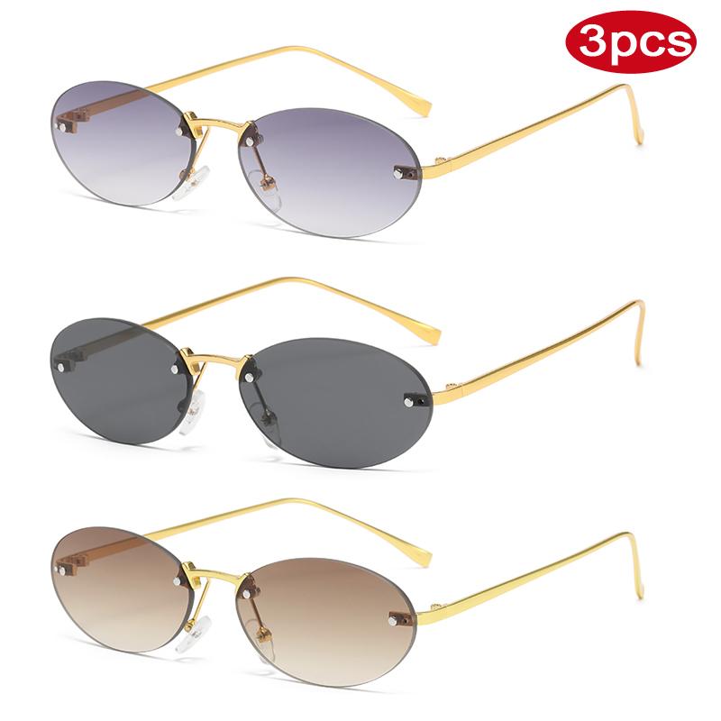 3pcs Trend Rimless Oval Sunglasses Women Rivet Small Thin Frame Frameless Luxury Metal Shades Brand Design Sun Glasses UV400