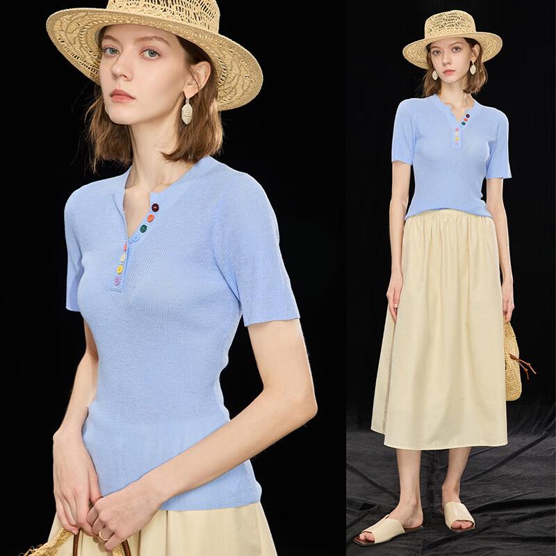 Wudao Women s Summer V-Neck Knit T-Shirt with Tencel-Linen Blend L