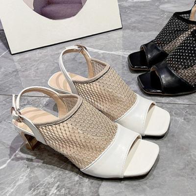 Fashion New Cutout Rhinestone Mesh Breathable Sandals Women's Summer Square Toe Open Toe Back Empty Square Heel Pump Shoes