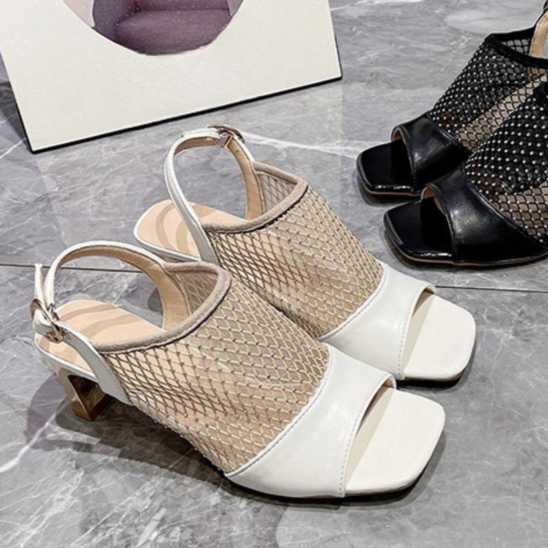 Fashion New Cutout Rhinestone Mesh Breathable Sandals Women's Summer Square Toe Open Toe Back Empty Square Heel Pump Shoes