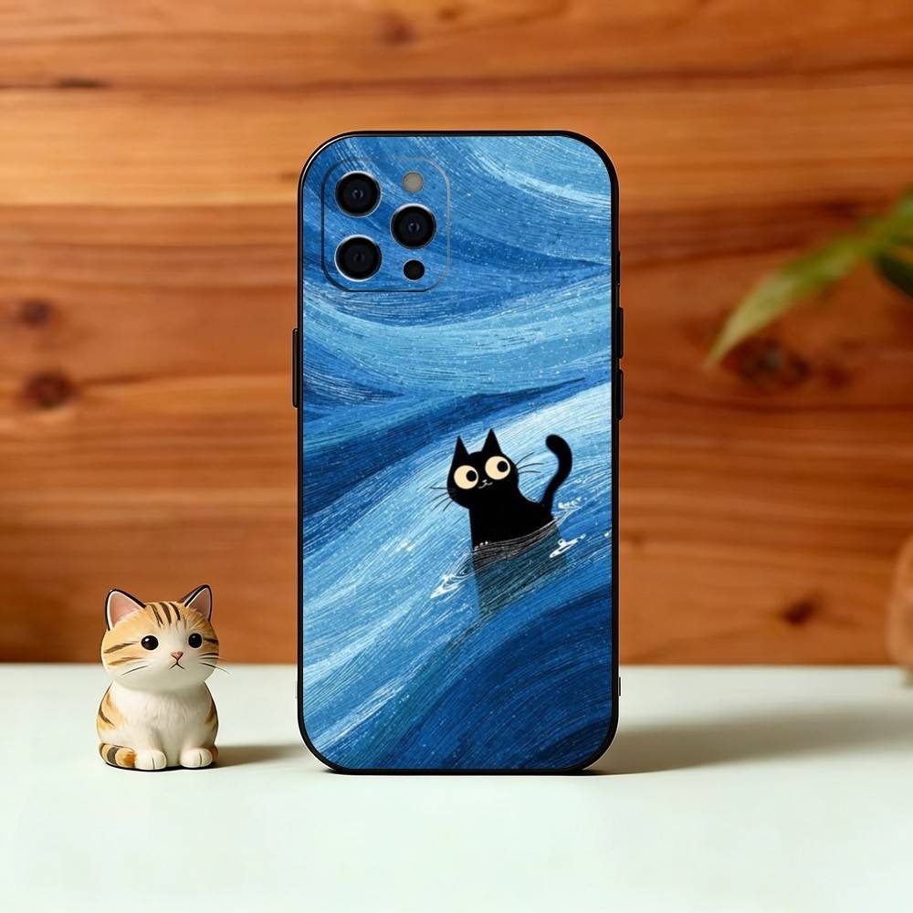 Cute Black Cat Illustration Phone Case For iPhone 17, 16,15,14,13,12,11 Plus,Pro Max, Others Soft Black Cover
