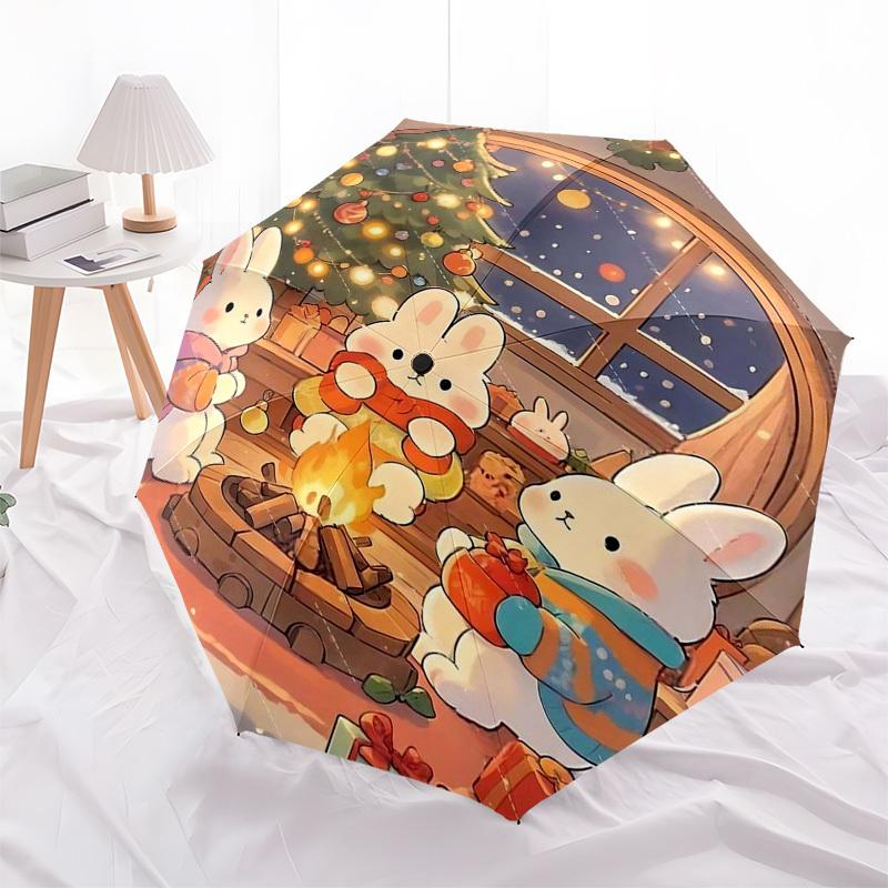 1pc Christmas Bunny Family Gathering Around Fire with Presents, Outdoor Festival Gift for Fans, Travelers, Daily Use (Automatic Opening Umbrella, Fold