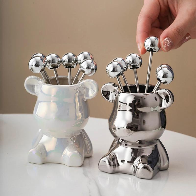 4/6pcs Stainless Steel Dessert Forks With Storage Jar Bear Fruit Fork Set Cute Bear Tableware For Party Tasting Dessert Pickle