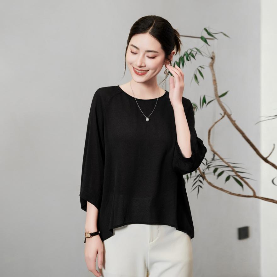 

Silk short-sleeved crew neck shirt women s summer new loose and thin shirt mulberry silk top M чорний