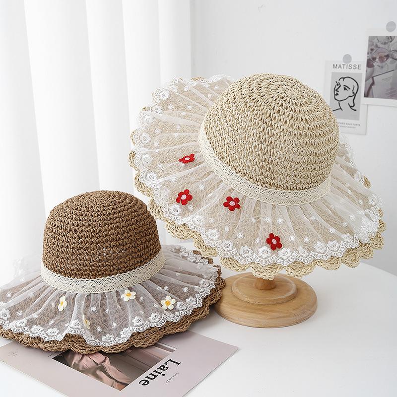 Summer Women's Wide Brim Straw Beach Sun Hat With Lace Mesh Design Breathable For Outdoor Packable Travel Sunscreen Sunhat