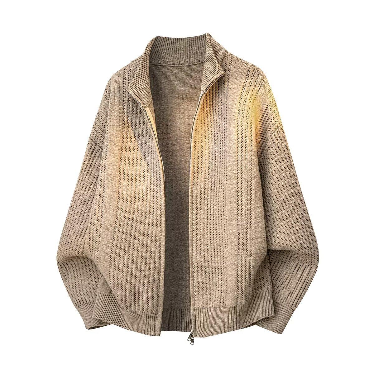 

Men s Stand Collar Double Zipper Knit Cardigan - Solid Color, Casual, Versatile Sweater for Autumn and Winter. L абрикосовий