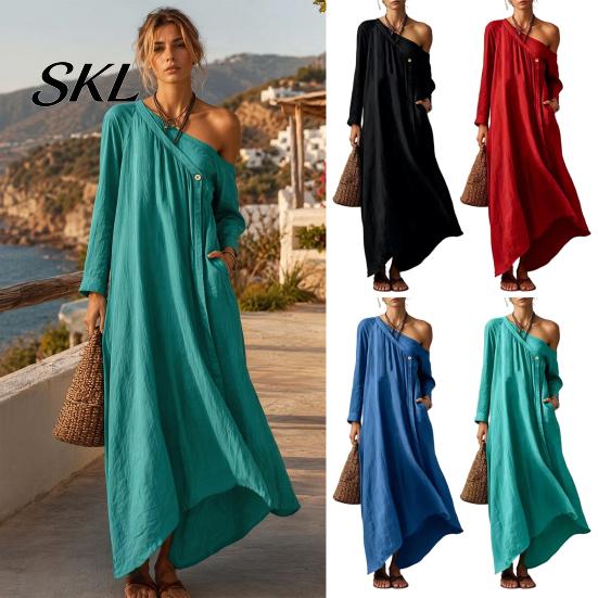 Polyester Dress Women Summer Maxi for Women, Casual Loose One Shoulder Long Sleeve Dress, Flowy Beach Vacation Sundress wwith Pockets Elegant