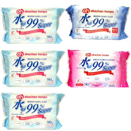 [Trial Set] Akachan Honpo Super Baby Wipes for Newborns (90 sheets x 3 packs), Thick Baby Wipes for Newborns (60 sheets x 1 pack), and Hand and Mouth