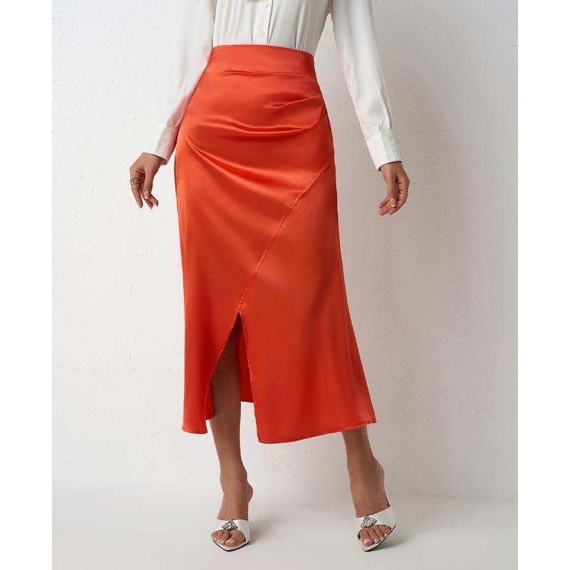 Women's High Waist Split Satin Skirt Zipper Fish Tail Wrap Hip Skirt