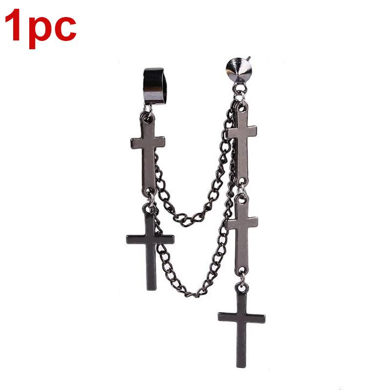 Punk Cross Tassel Øredobber Kvinner Integrert Clip Stud Ørering Kristen Gotisk Hip Hop Smykker Metallkjede Ørering Ørering Ørering Menn