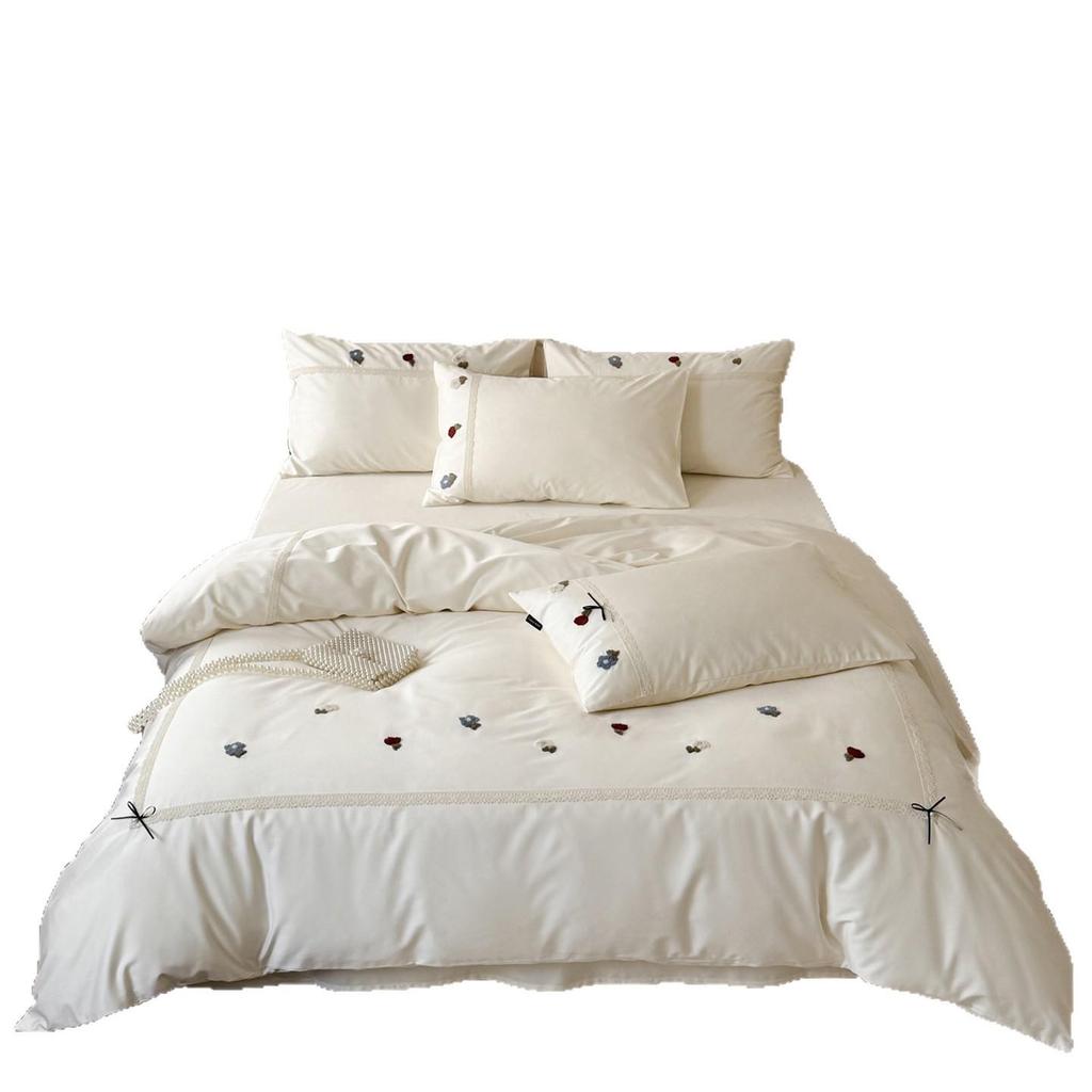 Spring/Summer Pure Cotton Long-Staple Four-Piece Bedding Set with Towel Embroidery - Soft, Skin-Friendly, Solid Colors