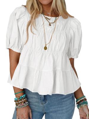 New Summer Bubble Sleeve Raglan T-Shirt Loose Casual A-Line Ruffled Trendy Top