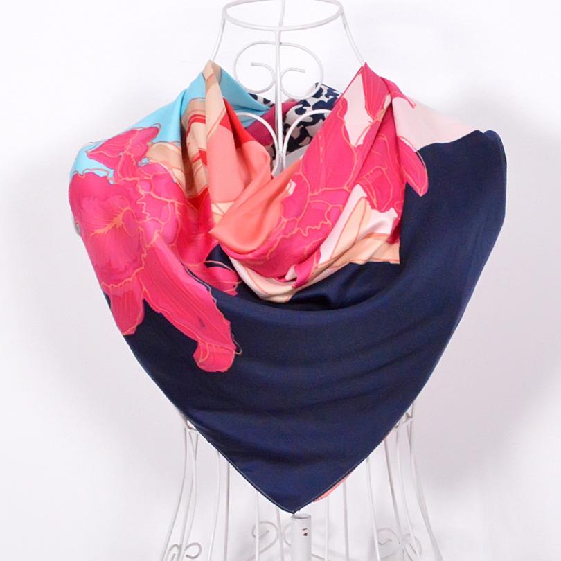 Ladies Daisy Large Square Scarves  New 90*90cm Spring Autumn Matt Satin Scarves Fashion Accessories Navy Blue Silk Scarf
