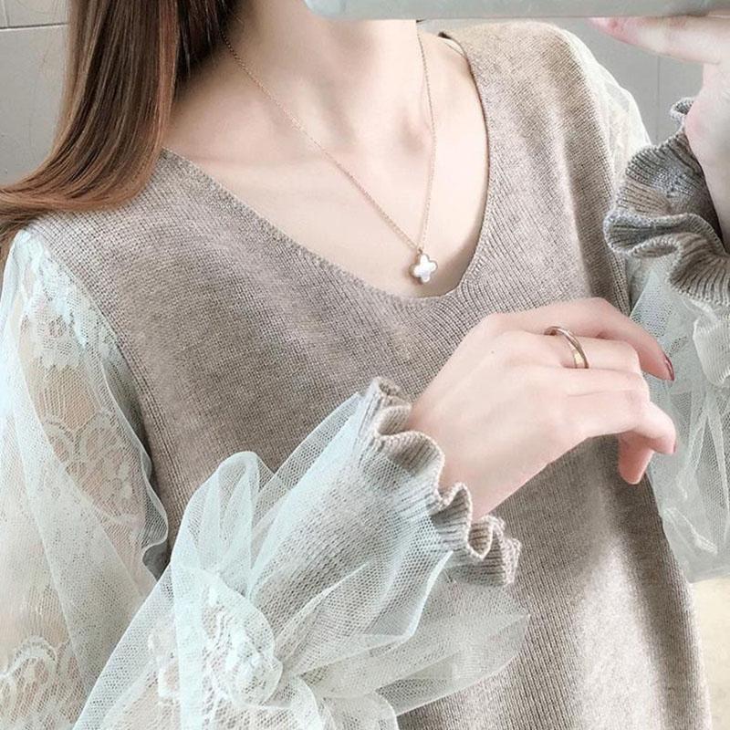 Tops for Women Cotton Shirts for Women Lace Sleeve V-Neck Base Layer Knit Top Long Sleeve Shirt Blouse Pullover Tops