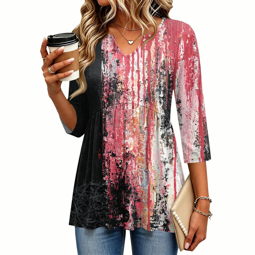 Women's Casual V-Neck Three-Quarter Sleeve Blouse with Halloween Print for Fall Parties