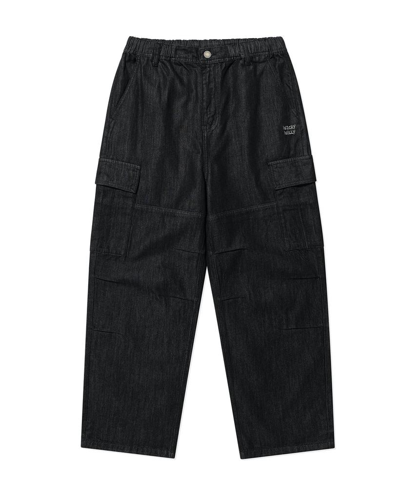 WACKY WILLY Wide Elastic Cargo Denim Pants Black