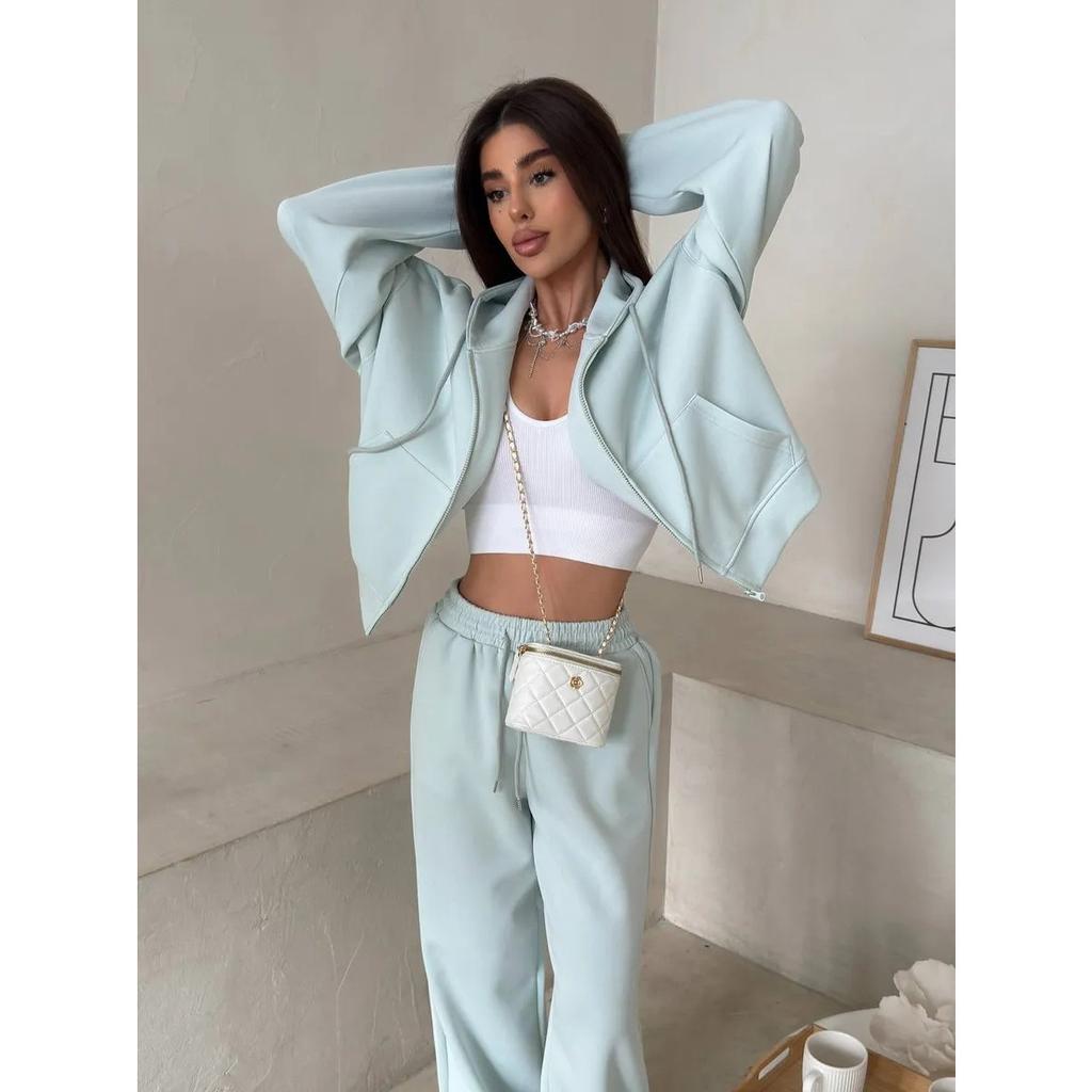 Sports Suit Long Sleeved Zipper Cardigan Hooded Sweatshirt with Zip Ties Long Pants Two-piece Cotton Set