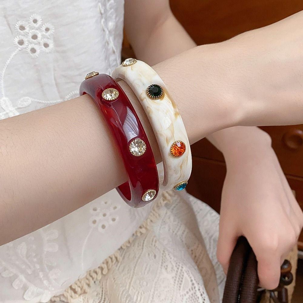 Colorful Acrylic Bangle Zircon Retro Hand Ring Creative Rhinestone Colored Bracelet  Decoration