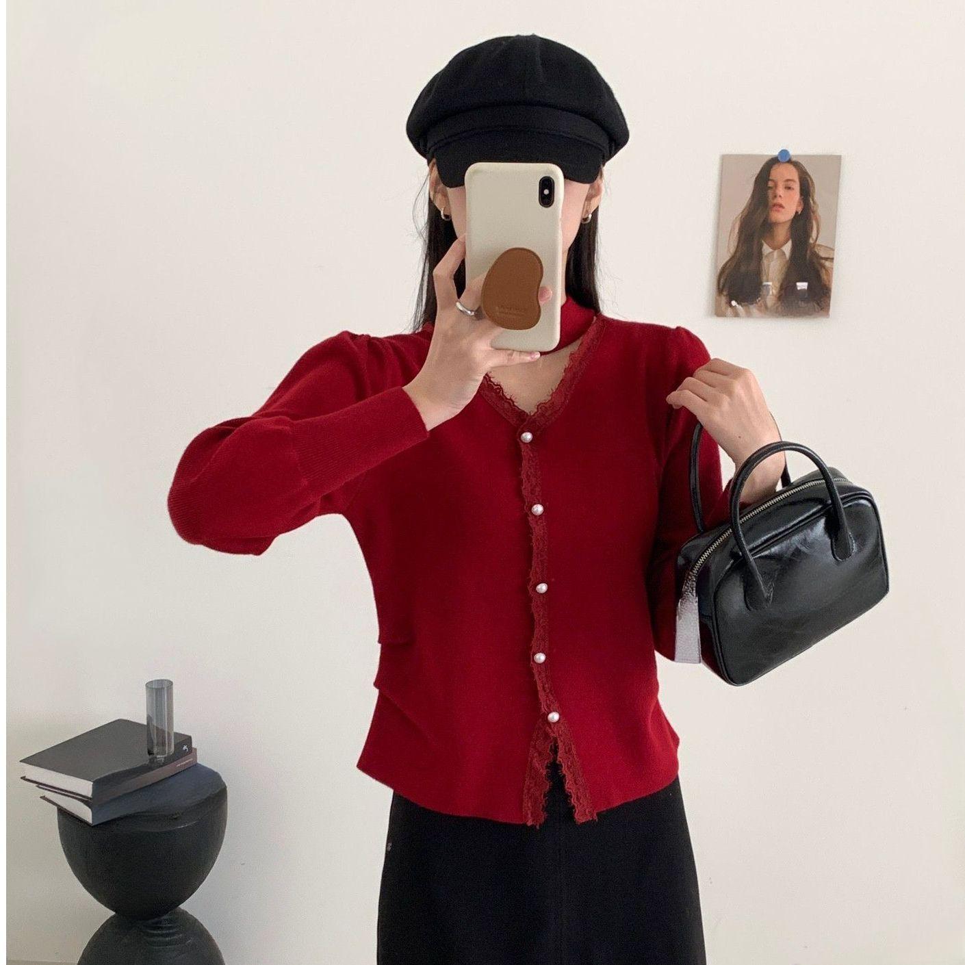 

Вязаный свитер с кружевной вставкой для женщин, Нежный базовый слой для зимы, Приталенный свитер с длинными рукавами one size красный