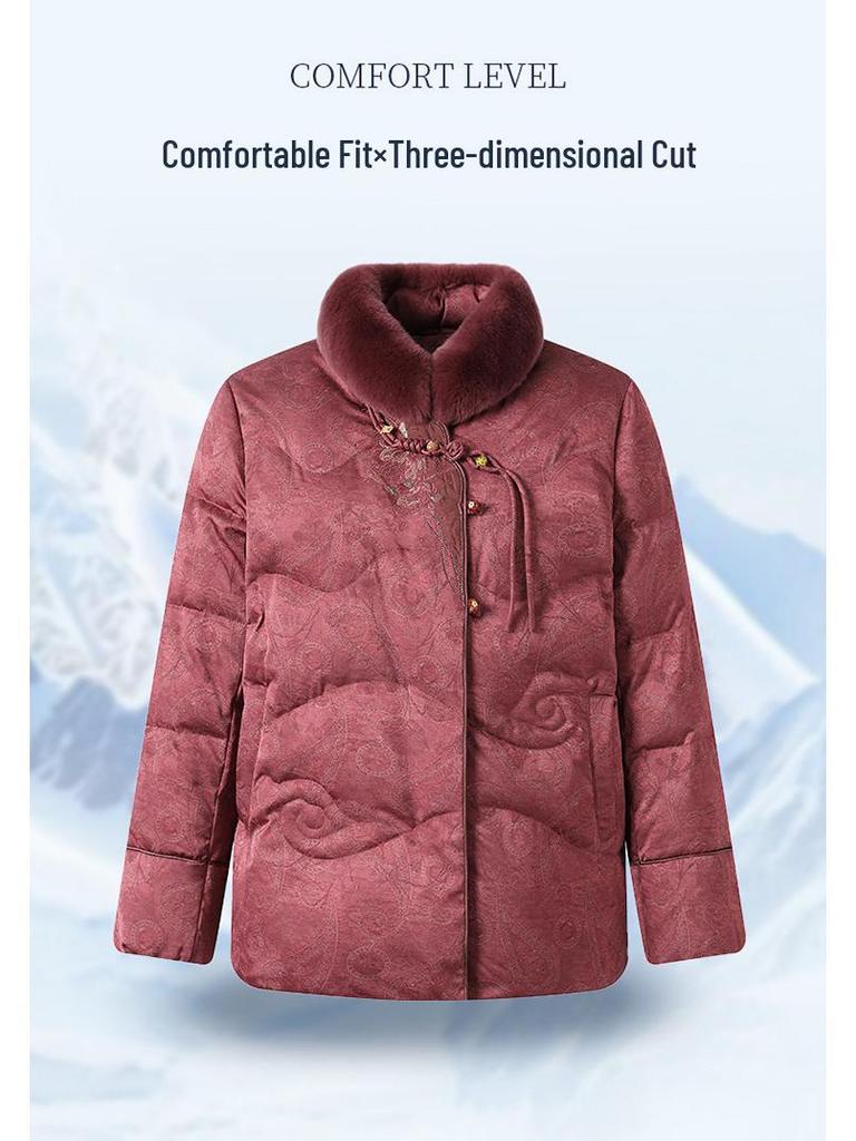 Elderly Women's Rabbit Fur Collar Tang Suit Winter Down Jacket
