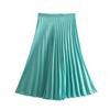 Women Fashion Solid Color Pleated Satin Midi Skirt Vintage High Waist Zipper Loose Female Skirts Streetwear
