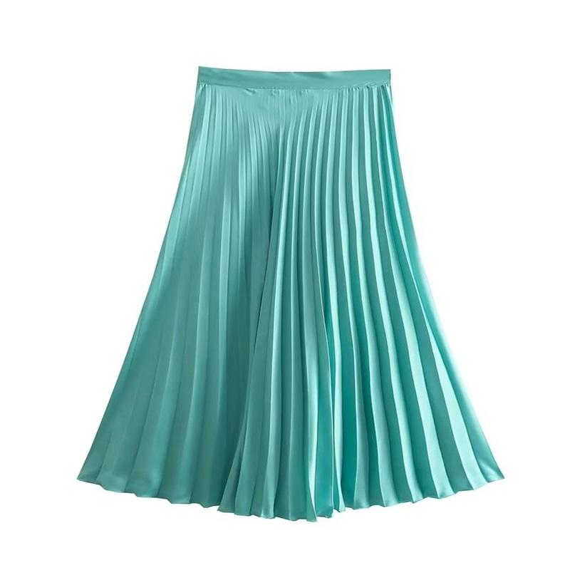 Women Fashion Solid Color Pleated Satin Midi Skirt Vintage High Waist Zipper Loose Female Skirts Streetwear