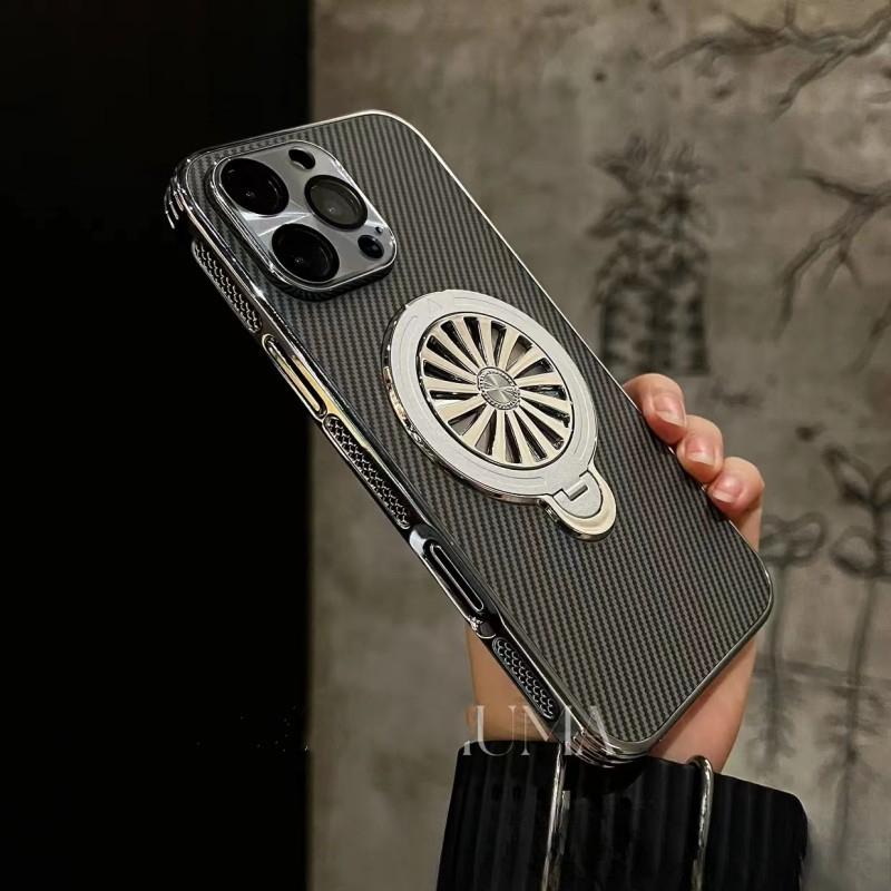 Carbon Fiber Pattern Rotary Bracket Case Suitable for IPhone 16 Mobile Phone Case Electroplating Heat Dissipation Frame Apple 15 Protective Case