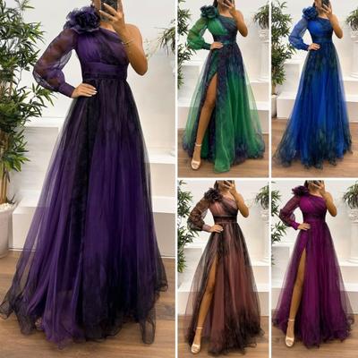 Women Evening Dress 3D Flower Decor One Shoulder Pleated Pleated Mesh Banquet Dress Single Long