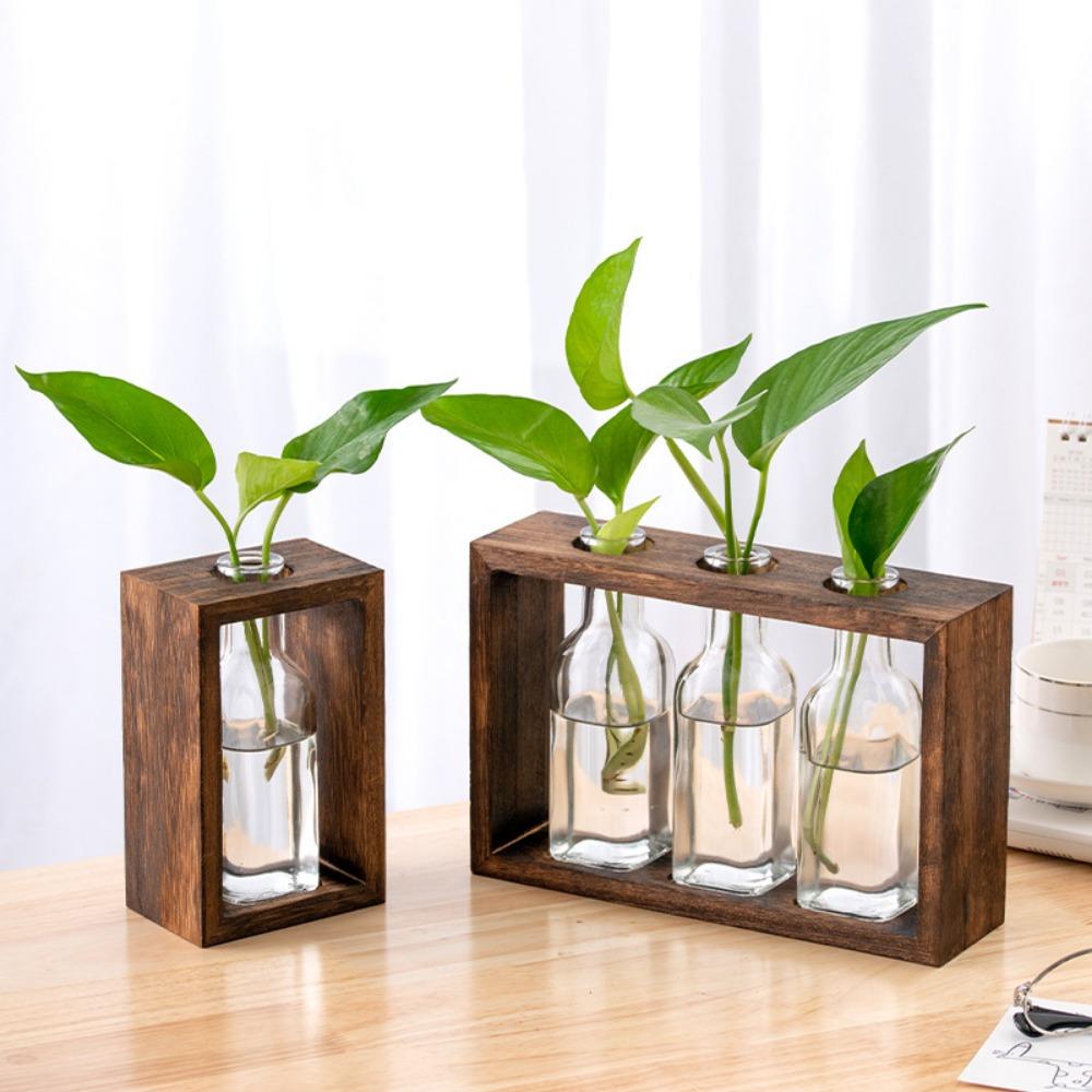 Creative Hydroponic Wooden Frame Vase Tethered Fresh Living Room Minimally Decorative Ornament Desktop Green Rose Vase