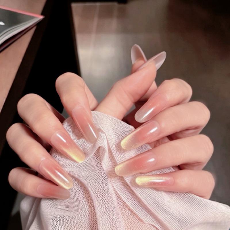 Peach Gradient Cat Eye Nails - Champagne Gold Sand False Nails