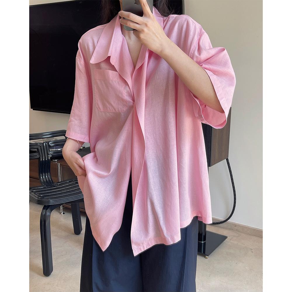 Summer Slightly Transparent Linen Short Sleeve Shirt Women Design Sense Lapel Loose Silhouette Cool Top Female