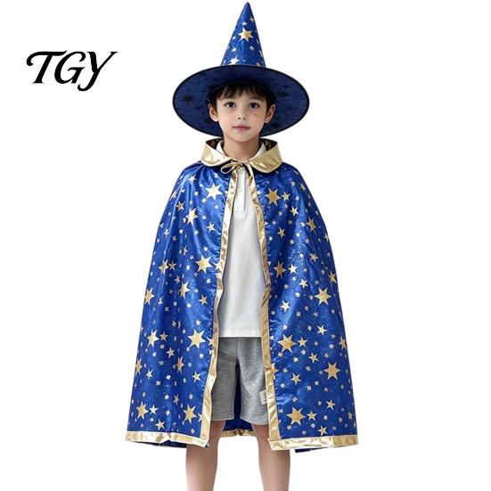 Easy Wear Magic Show Cape Kids Wizard Cloak with Hat for Boys Girls, Halloween Witch Comfortable Loose Fit Costume Prop Party Cosplay