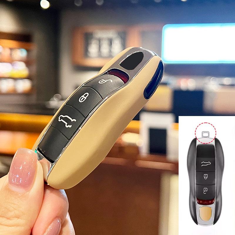 

For Porsche Panamera Cayenne 92A Macan 95B 911 718 Taycan Boxster Cayman Beige Leather Car Keychain Case Shell Cover Accessories