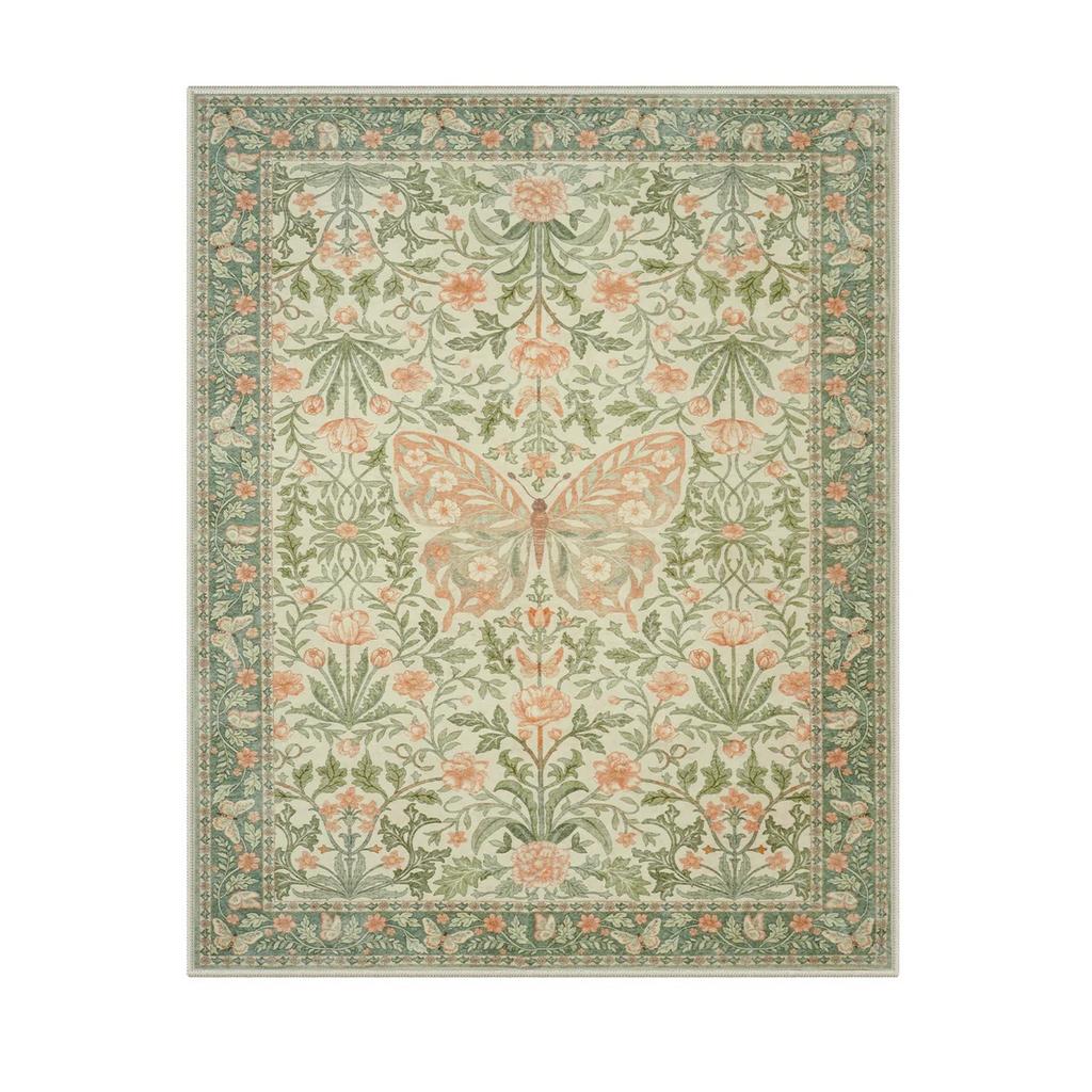Vintage Floral Butterfly Sage Green Area Rug Bohemian Living Room Non-slip Rug Washable Large Area Rug Bedroom Decorative Rug