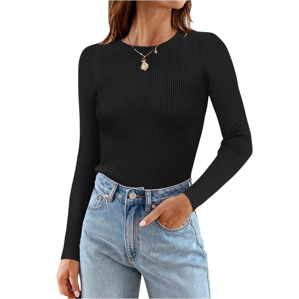 Maglietta da Donna a Maniche Lunghe Girocollo a Righe Slim Fit Casual Basic