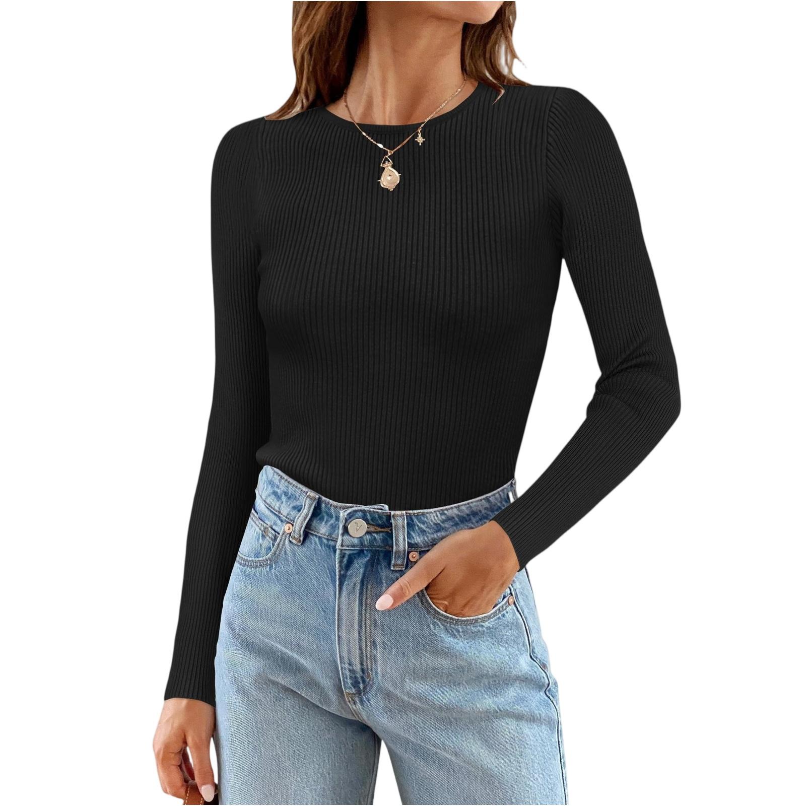 Women s Long Sleeve Crewneck Shirt Striped Slim Fit Casual Basic Tops XXL чёрный